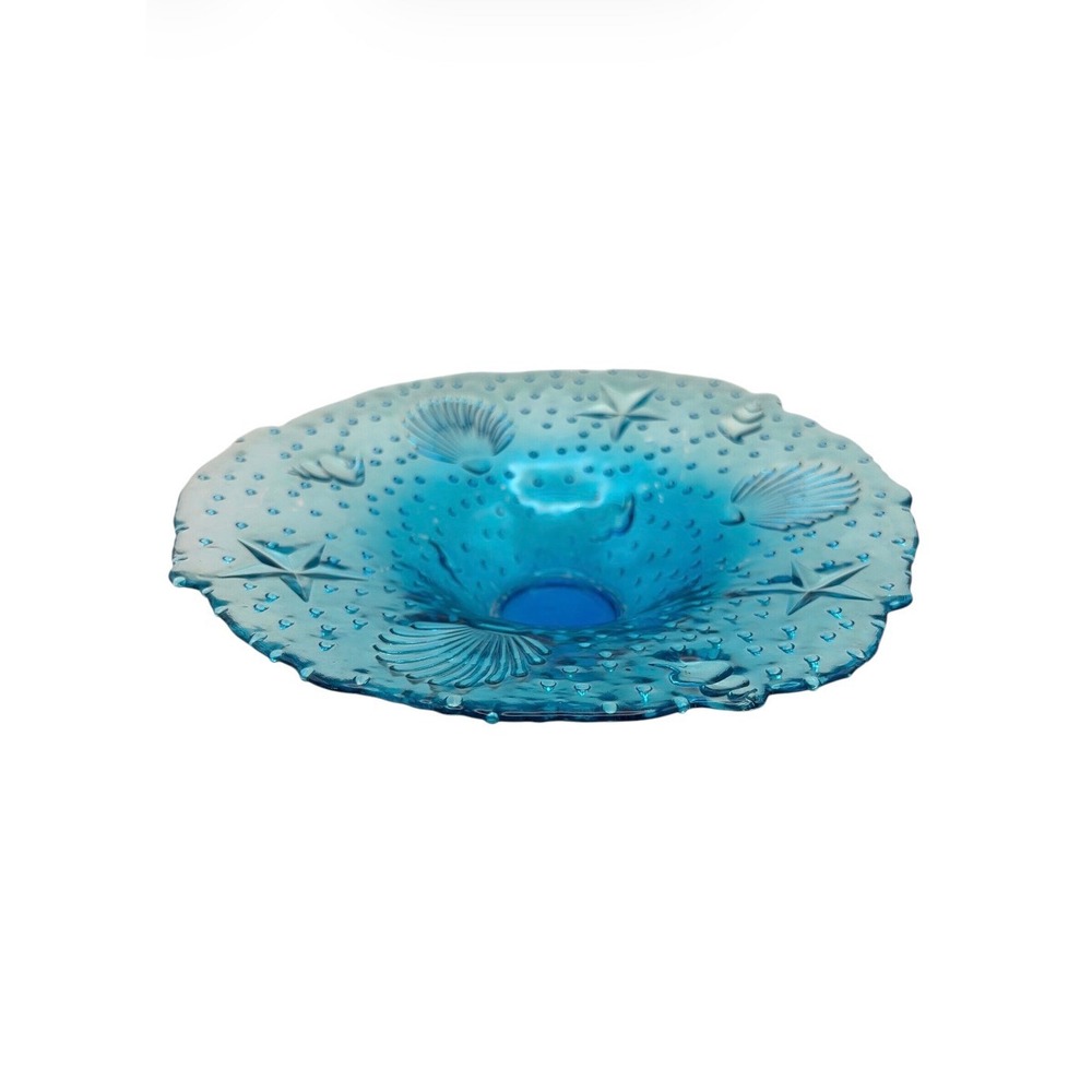 Vintage Blue Glass Seashell Starfish Bowl 9.5" Nautical Coastal Beach Decor